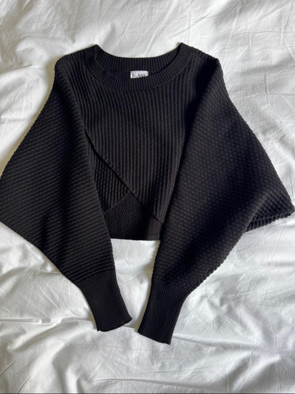 Blank Black Ribbed Cropped Crewneck Sweater with Statement Sleeves
